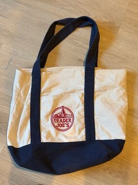 Trader Joe's Cream & Black Canvas Tote Bag with Red Logo
